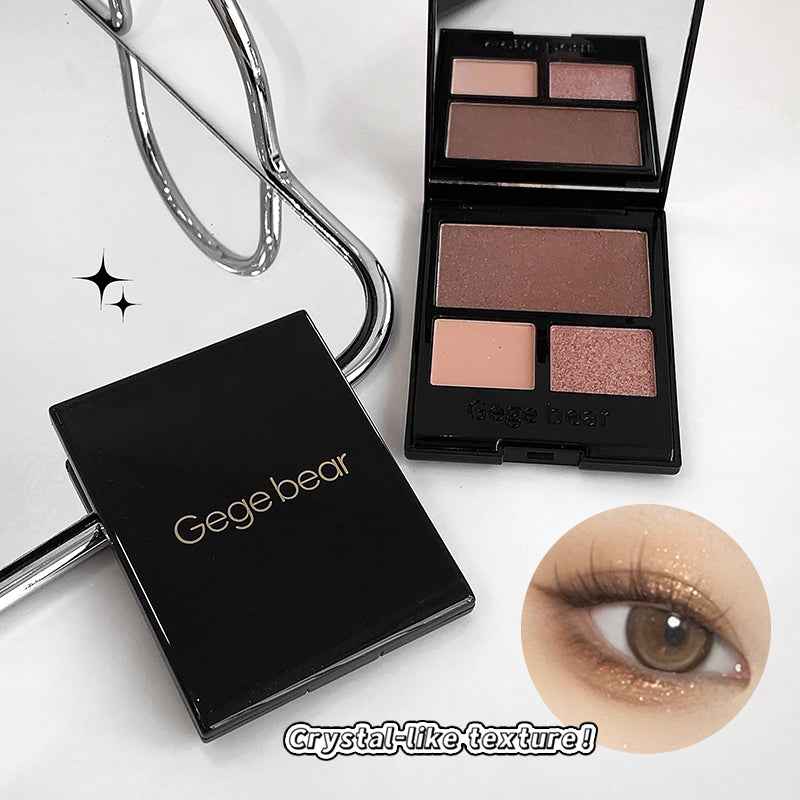 Makeup products including a compact and an eyeshadow palette with 'Gegebear' branding on a white background.
