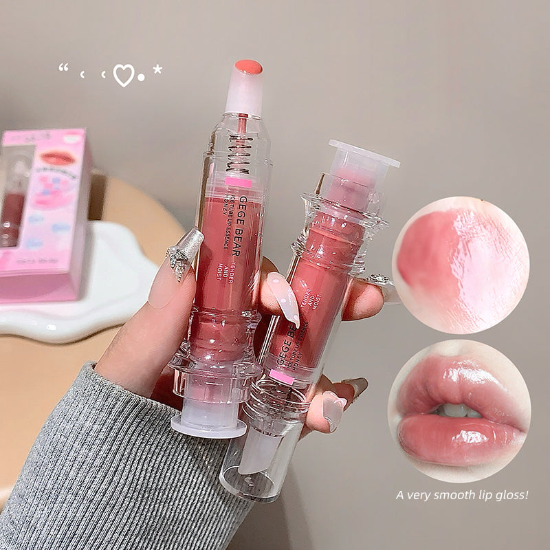 Two lip glosses held by a hand with a neutral background, showing product application on lips.