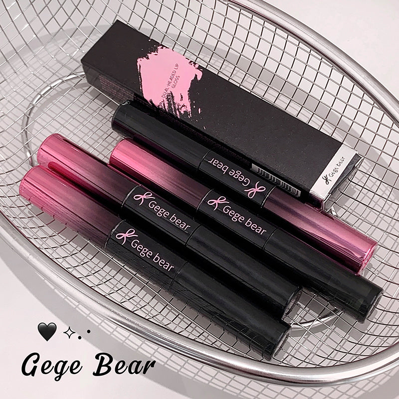 Pink and black lip products with 'Gege Bear' branding on a metallic surface.