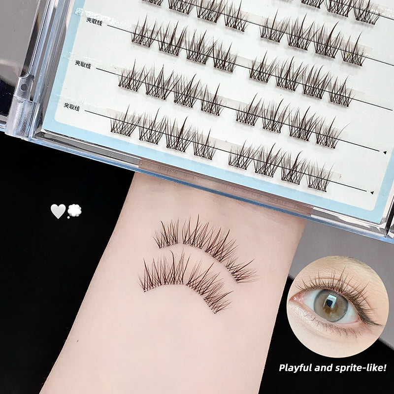 False eyelashes in a case with close-up examples on skin and a eye, labeled 'Playful and sprite-like!'.