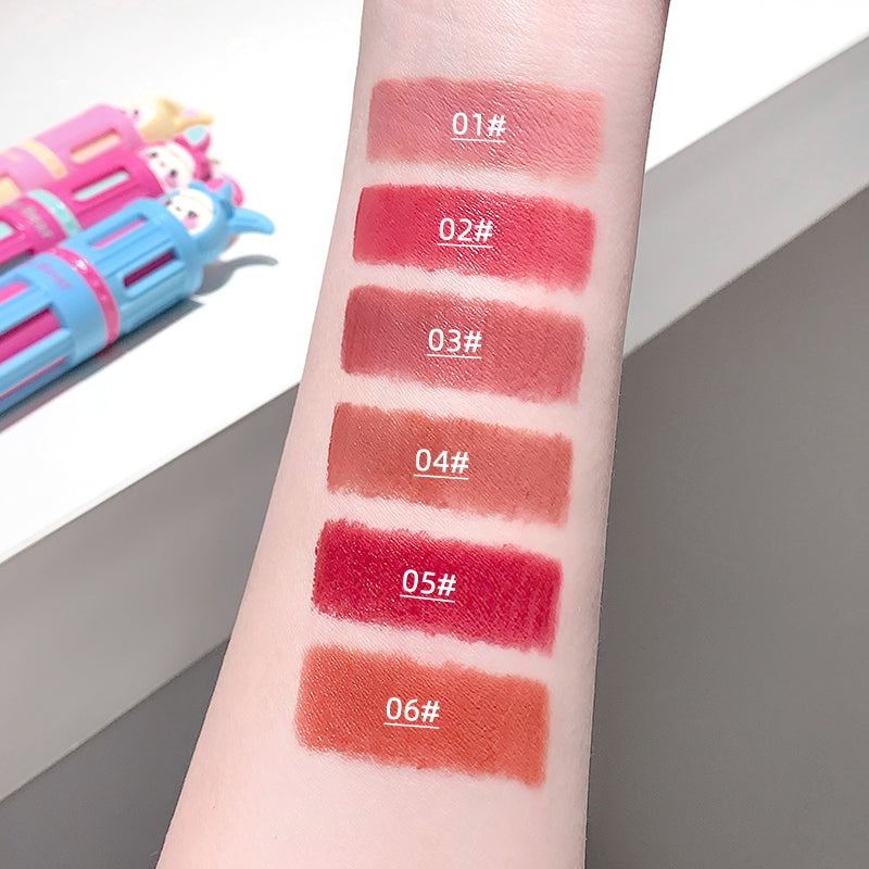 Lipstick swatches on a person's arm with color codes 01 to 06, and colorful lipstick cases in the background.