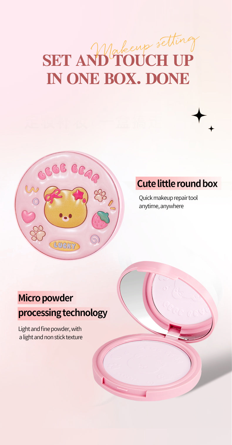 Pink makeup compact with bear design on a light pink background