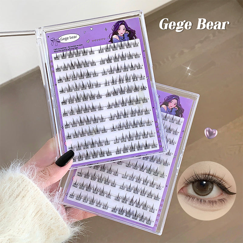 False eyelashes packaging with 'Gege Bear' branding, held by a hand.