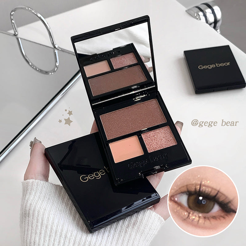 Makeup palette with eyeshadows held by a hand, close-up of an eye wearing the product, and 'Gegebear' branding.