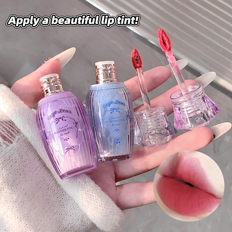 Two lip tint bottles with applicators and a close-up of lips with pink lip tint.