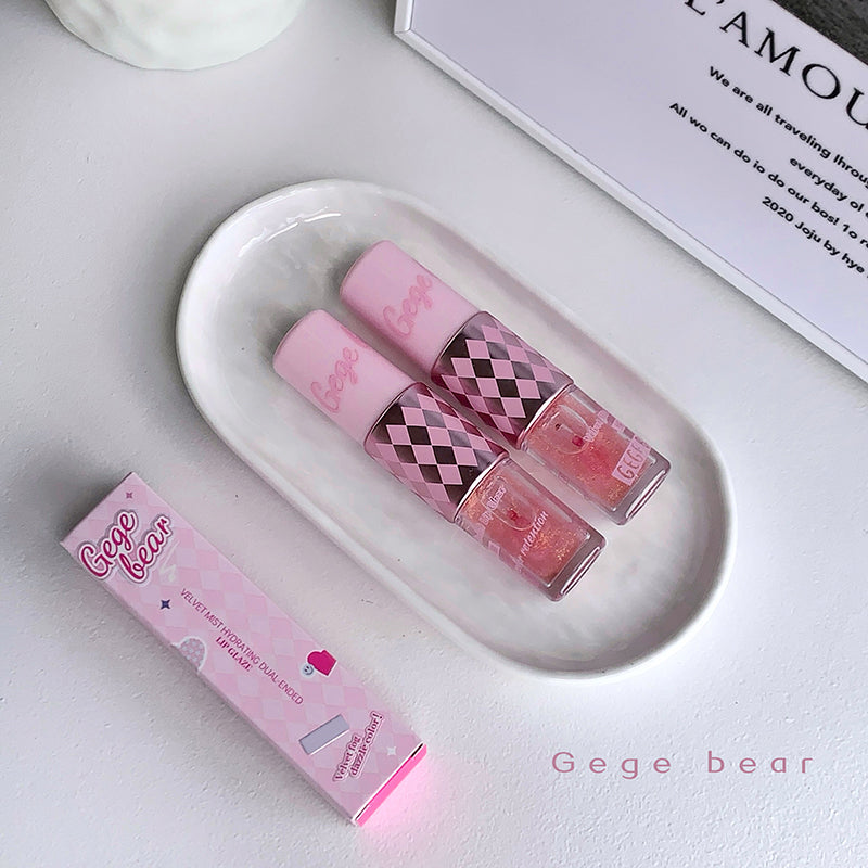 Pink lip gloss set with packaging on a white surface, featuring the brand 'Gege bear'.