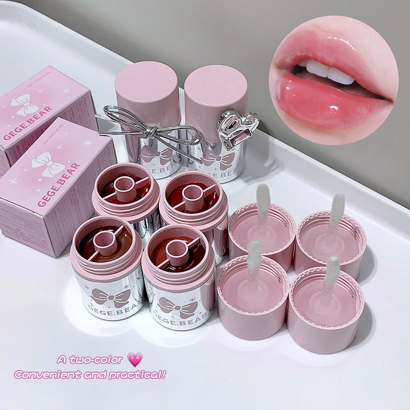 Pink and silver lip products with a close-up of lips wearing the product, on a white tray.