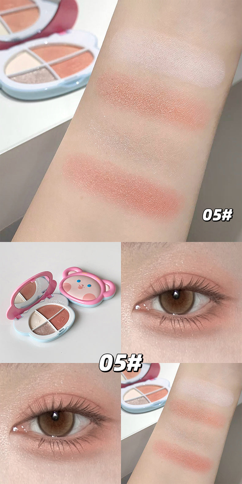Makeup swatches and application on eyes with a compact palette