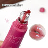 Pink lip gloss with applicator and close-up of lips wearing the product, branded 'GEE'AR.