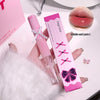 Pink lip gloss with packaging and close-up of lips wearing the product on a white background.