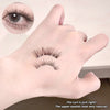 False eyelashes on a hand with a close-up of an eye wearing them, set against a neutral background.