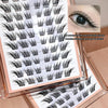 Eyelash extensions in an open case with a close-up of an eye wearing them.