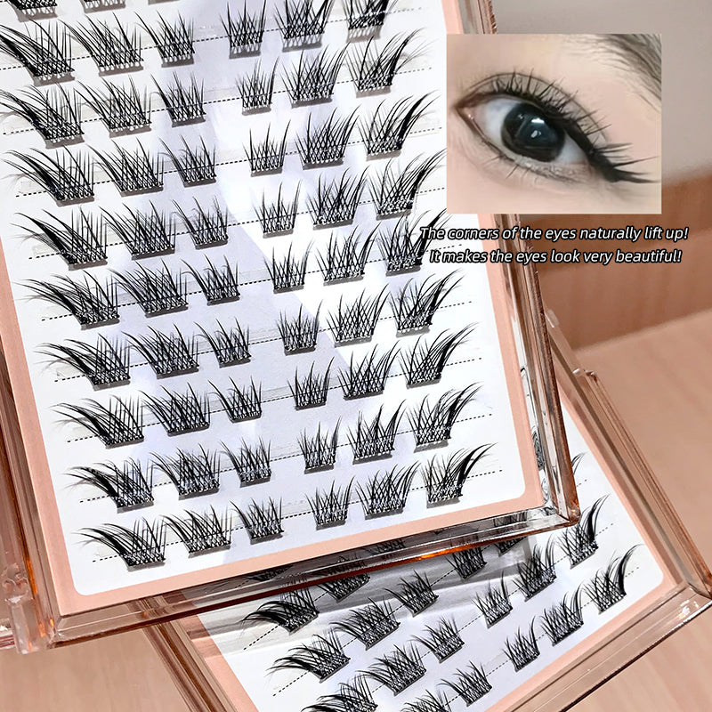 Eyelash extensions in an open case with a close-up of an eye wearing them.