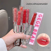 Hand holding GEGBEAR lip gloss with packaging and close-up of lips wearing the product.