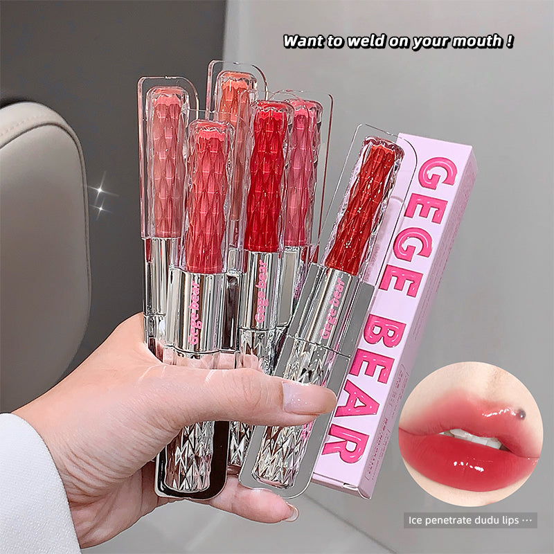 Hand holding GEGBEAR lip gloss with packaging and close-up of lips wearing the product.