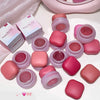 Collection of pink lip products with 'Geege bear' branding on a white background.