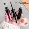 Hand holding three cosmetic products with a close-up of lips and text overlay.