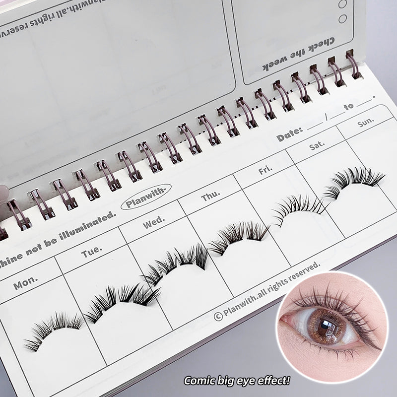 Eyelash packaging with a planner-style design and an inset of an eye wearing the lashes.