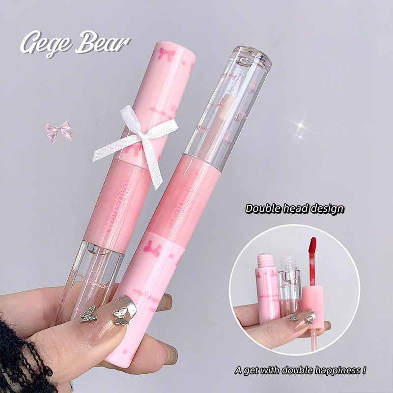Pink double-headed lip product held by a hand with 'Gege Bear' branding.