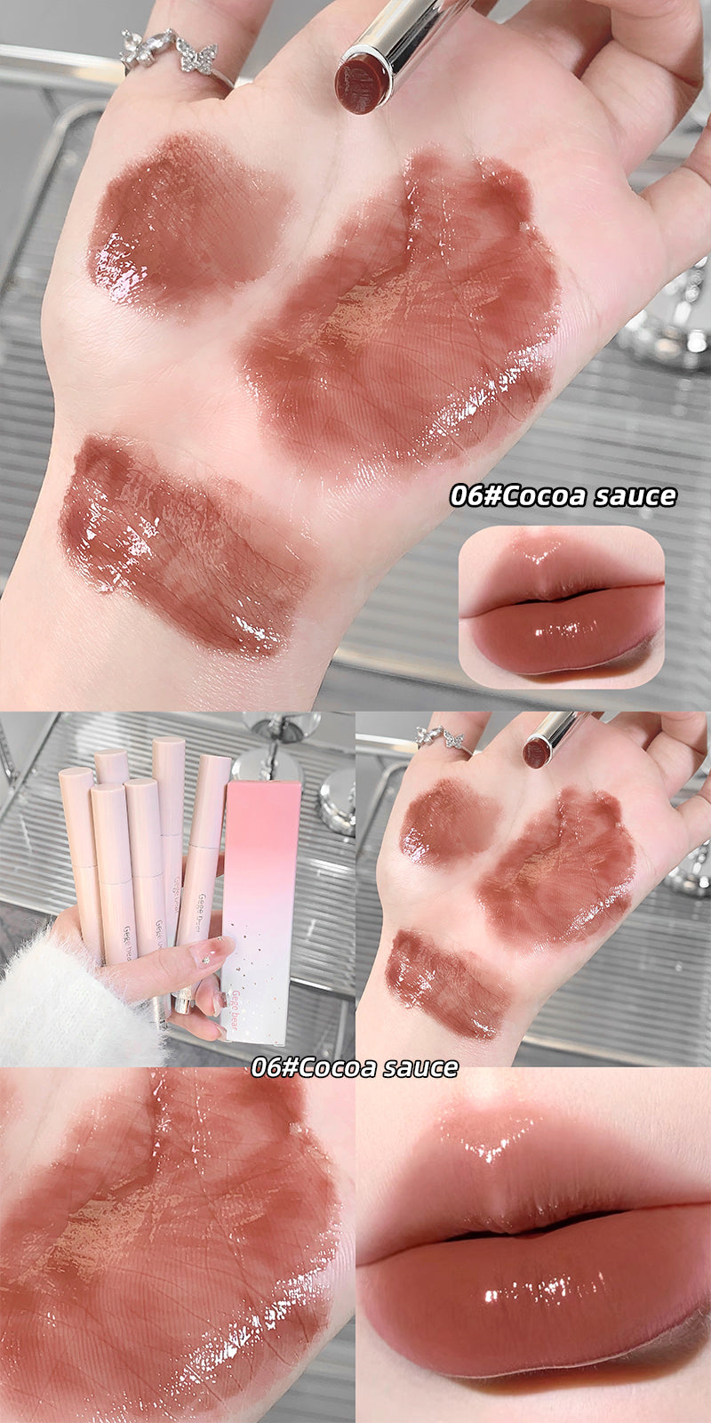 Lipstick swatches on a hand with close-up of lipstick shades labeled 'Cocoa sauce'.