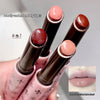 Three lipsticks with pink caps held by a hand, with text and a close-up of lips.