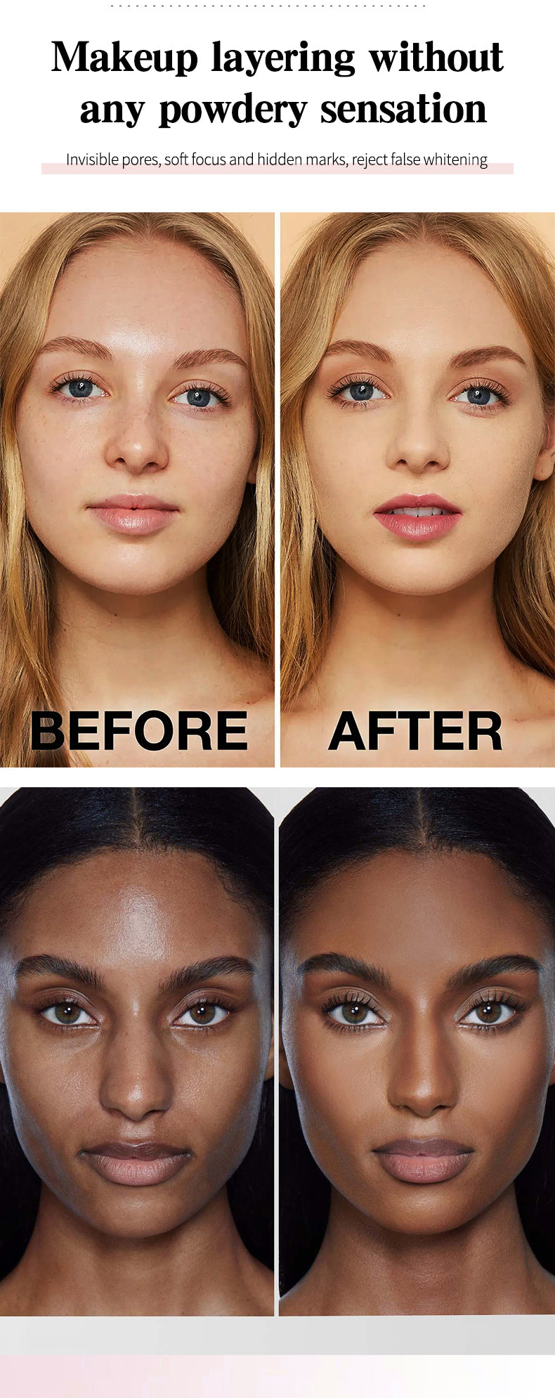 Before and after comparison of makeup application on two different skin tones.