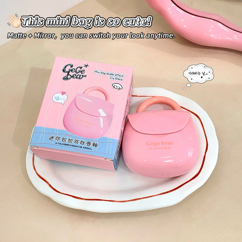 Pink mini bag with packaging on a beige surface