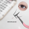 Eyelash extension tool with built-in glue strip and close-up of an eye wearing false eyelashes.