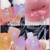Collage of a lip gloss bottle with glittery finish, applied on lips, and close-up of the product.