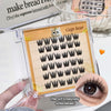 Set of false eyelashes with a 'Gege bear' label, held by a hand, with an inset of an eye wearing the lashes.