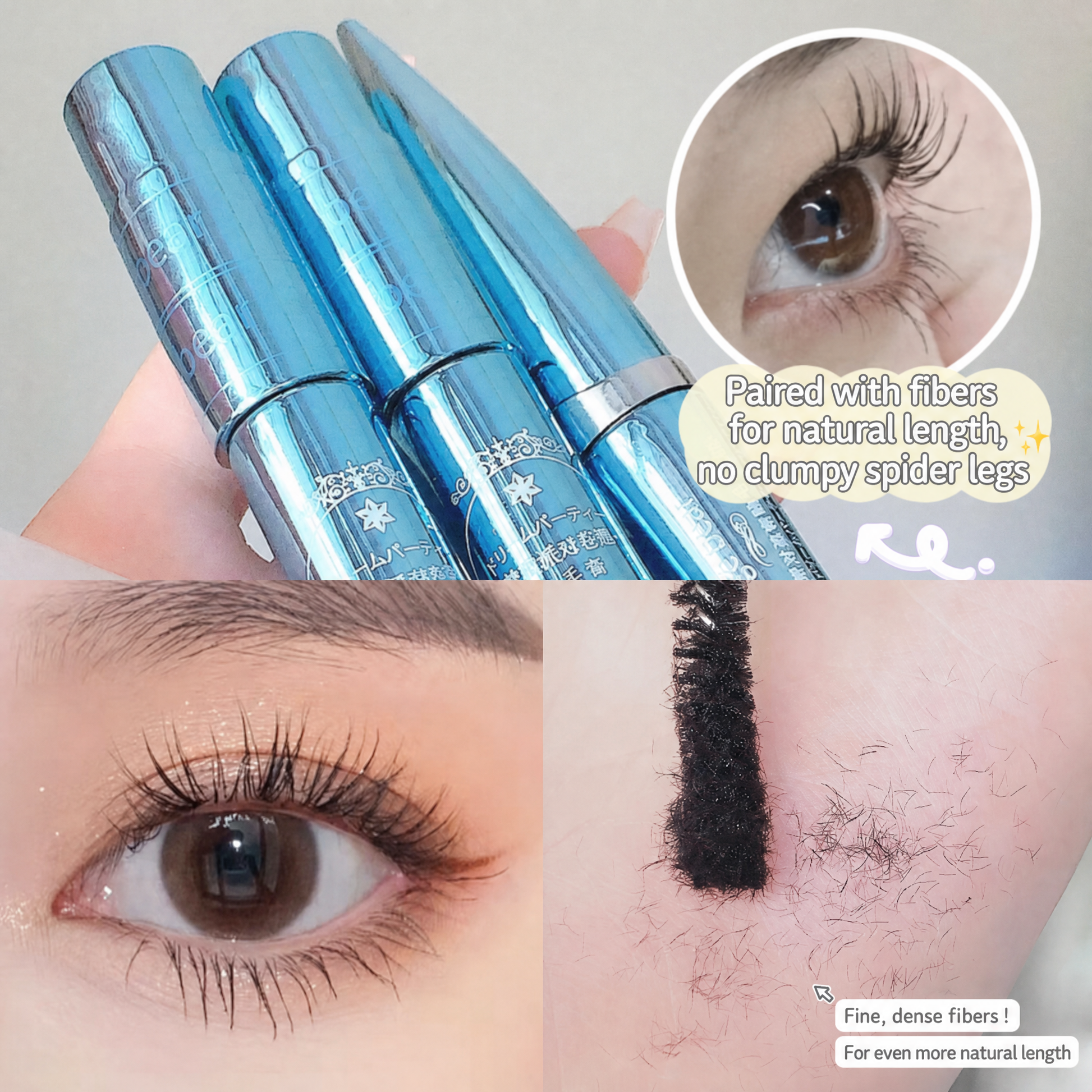 Eyelash product with close-up of eye and hair before and after application