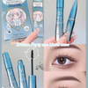 Cosmetic set with blue packaging and mascara, close-up of eye with applied mascara.