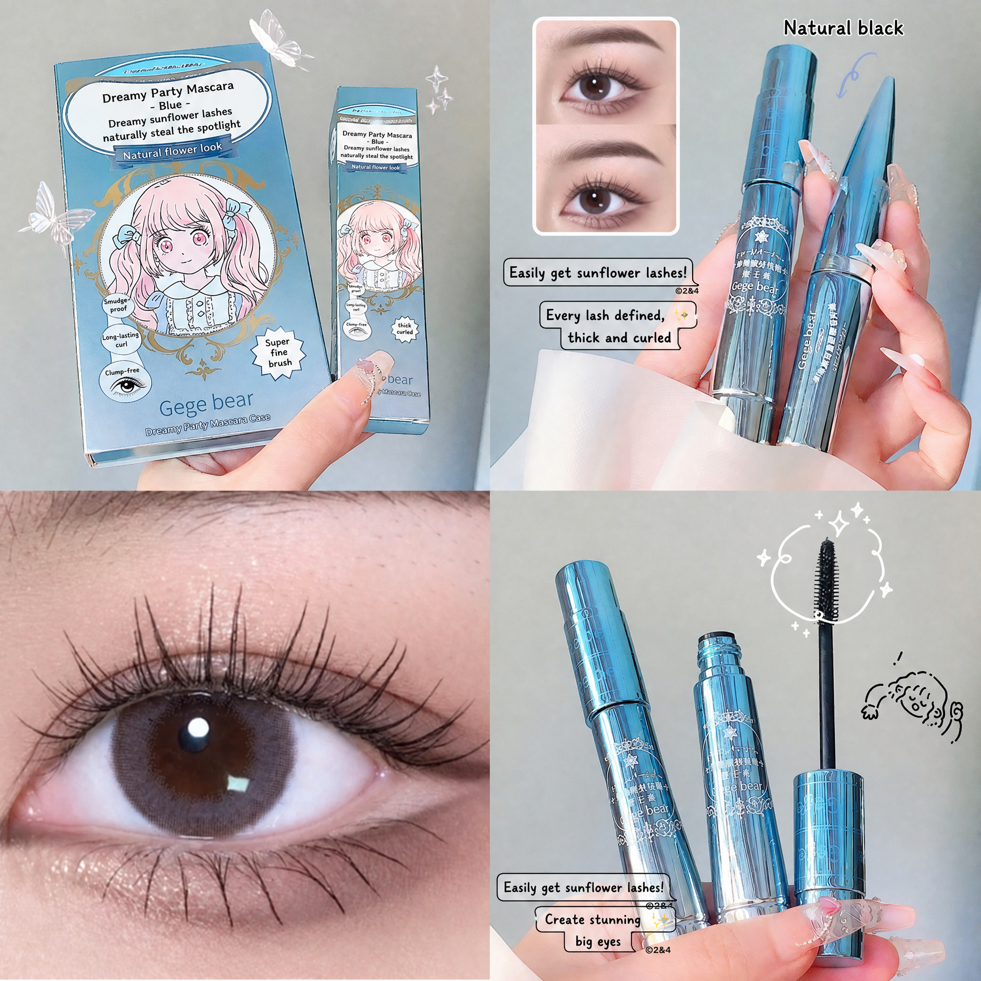 Collage of mascara packaging and application with close-ups of eyelashes.
