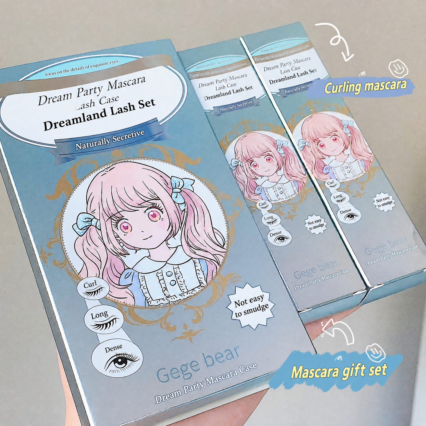 Mascara gift set packaging with cartoon character on a neutral background