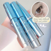 Two silver eyelash extensions with a close-up of an eye wearing them on a light background.