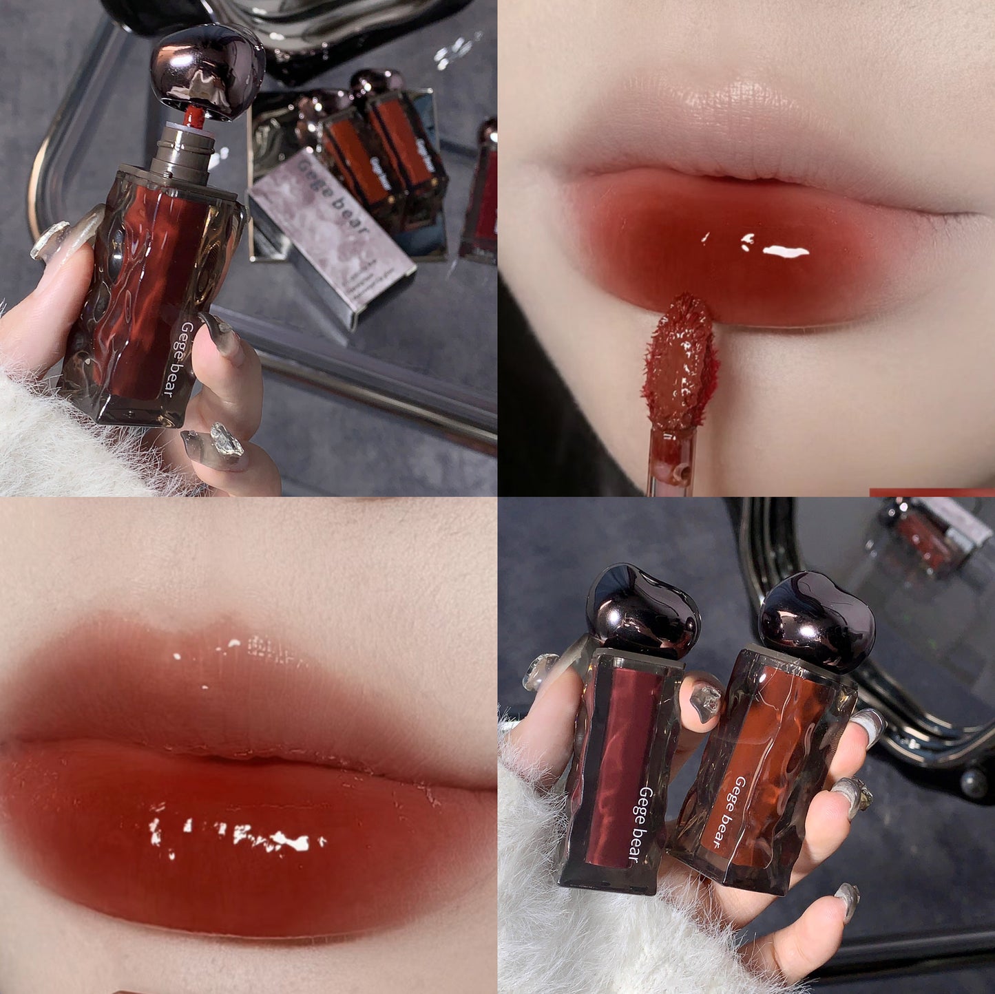 Collage of a red lipstick with packaging, applied to lips.