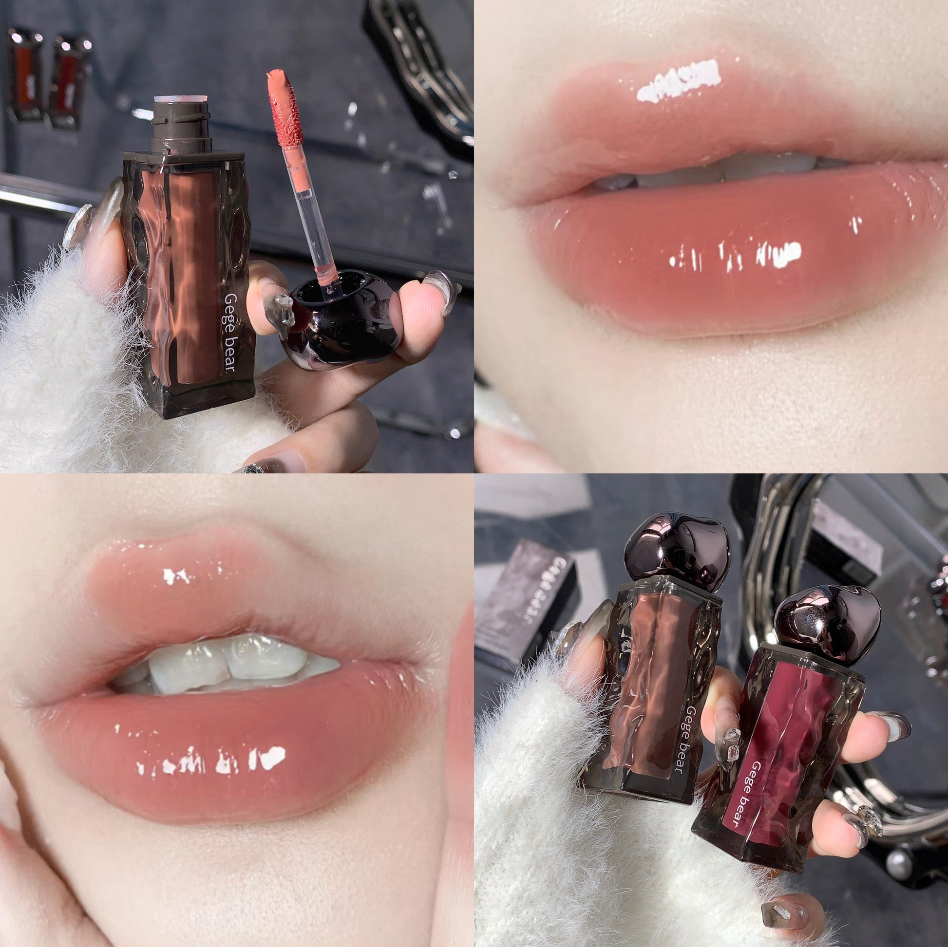 Collage of a lip gloss product with close-ups of lips wearing the gloss.