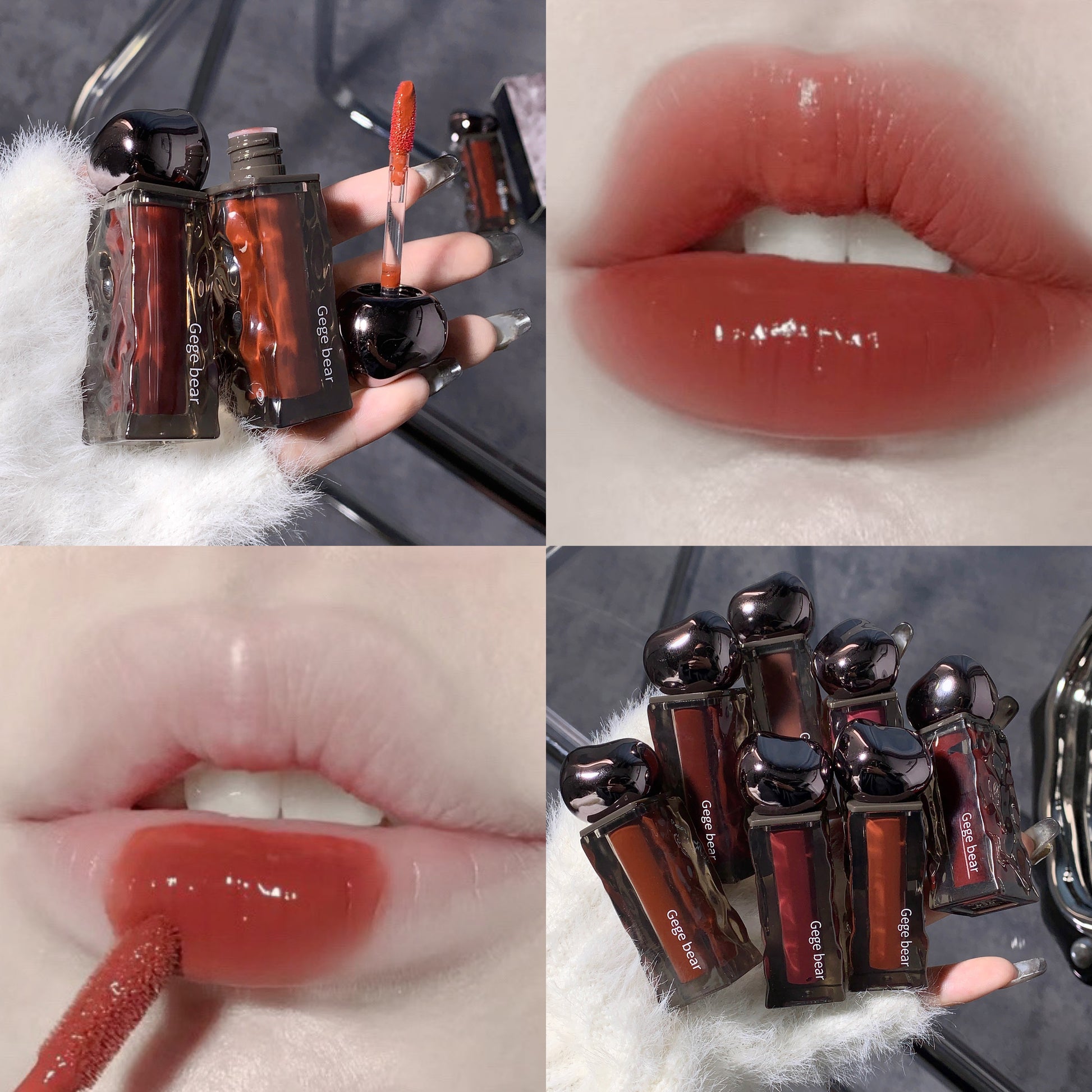 Collage of lip gloss application and product packaging.