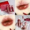 Collage of Gige Bear lip gloss packaging, application on lips, and product details.