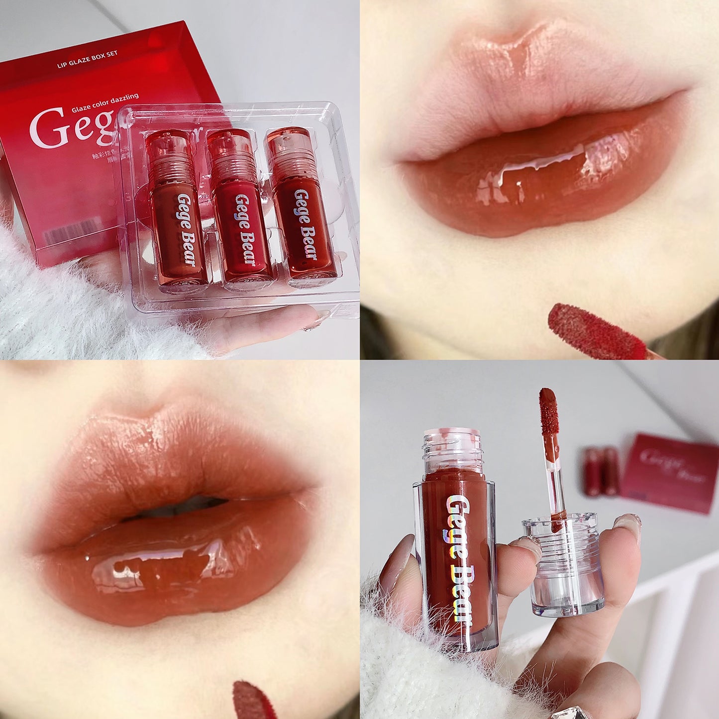 Collage of Gige Bear lip gloss packaging, application on lips, and product details.