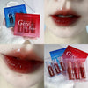 Collage of Gege Bear lip products including packaging and application on lips.
