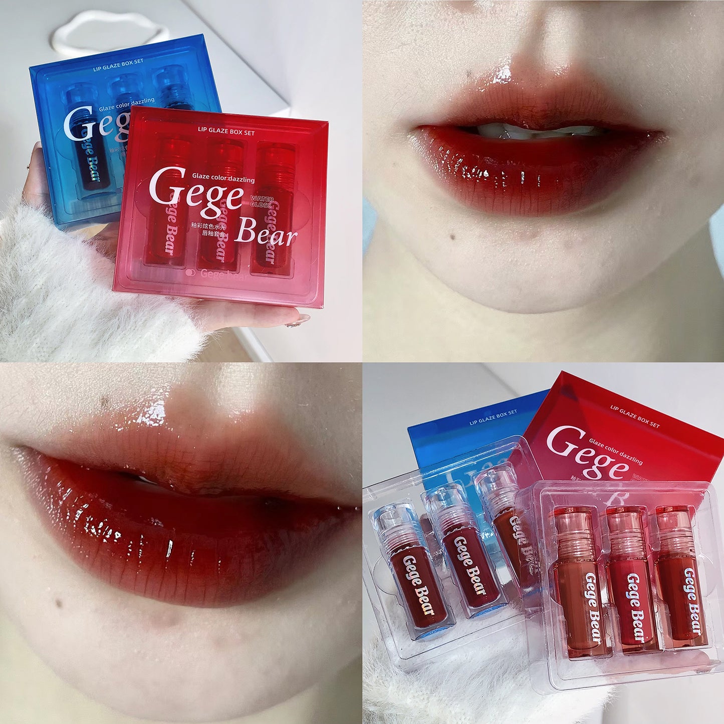 Collage of Gege Bear lip products including packaging and application on lips.