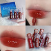 Collage of Gege Bear lip gloss products with packaging and application on lips.