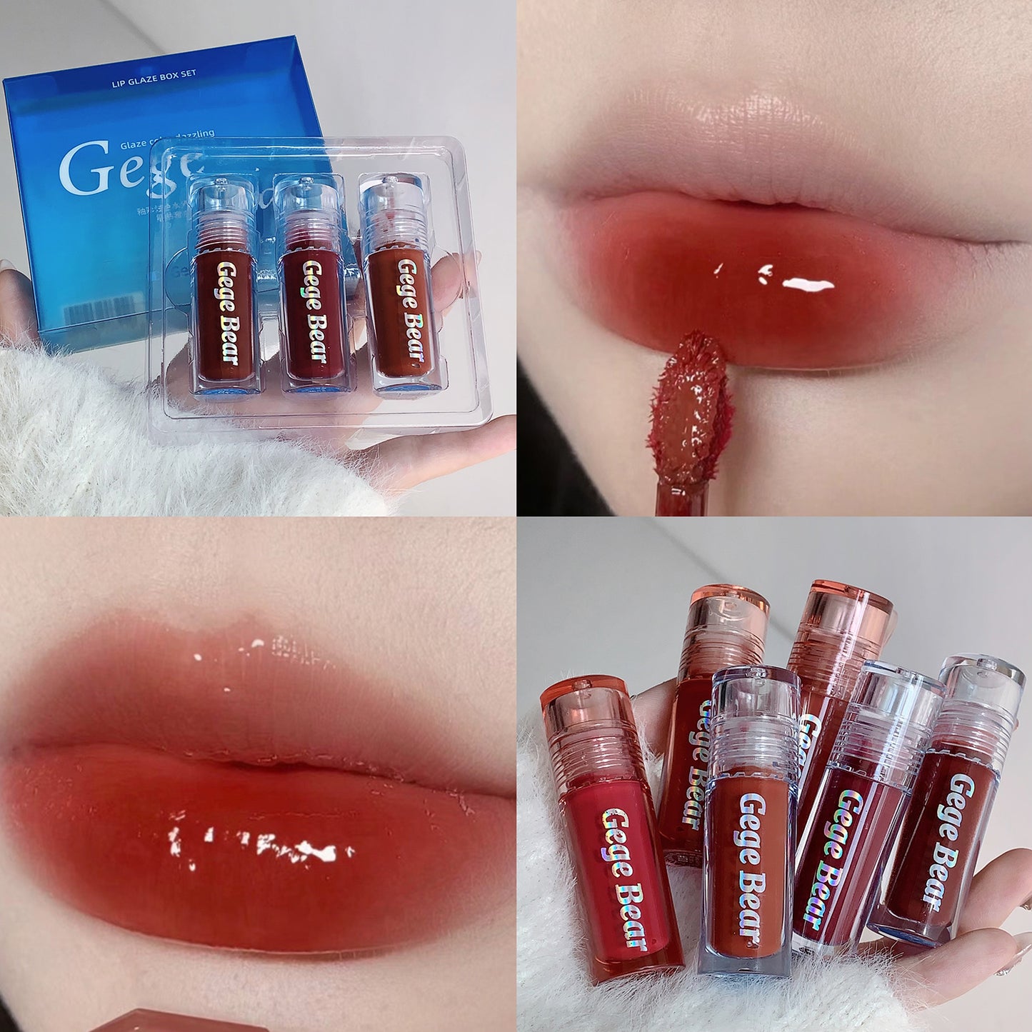 Collage of Gege Bear lip gloss products with packaging and application on lips.