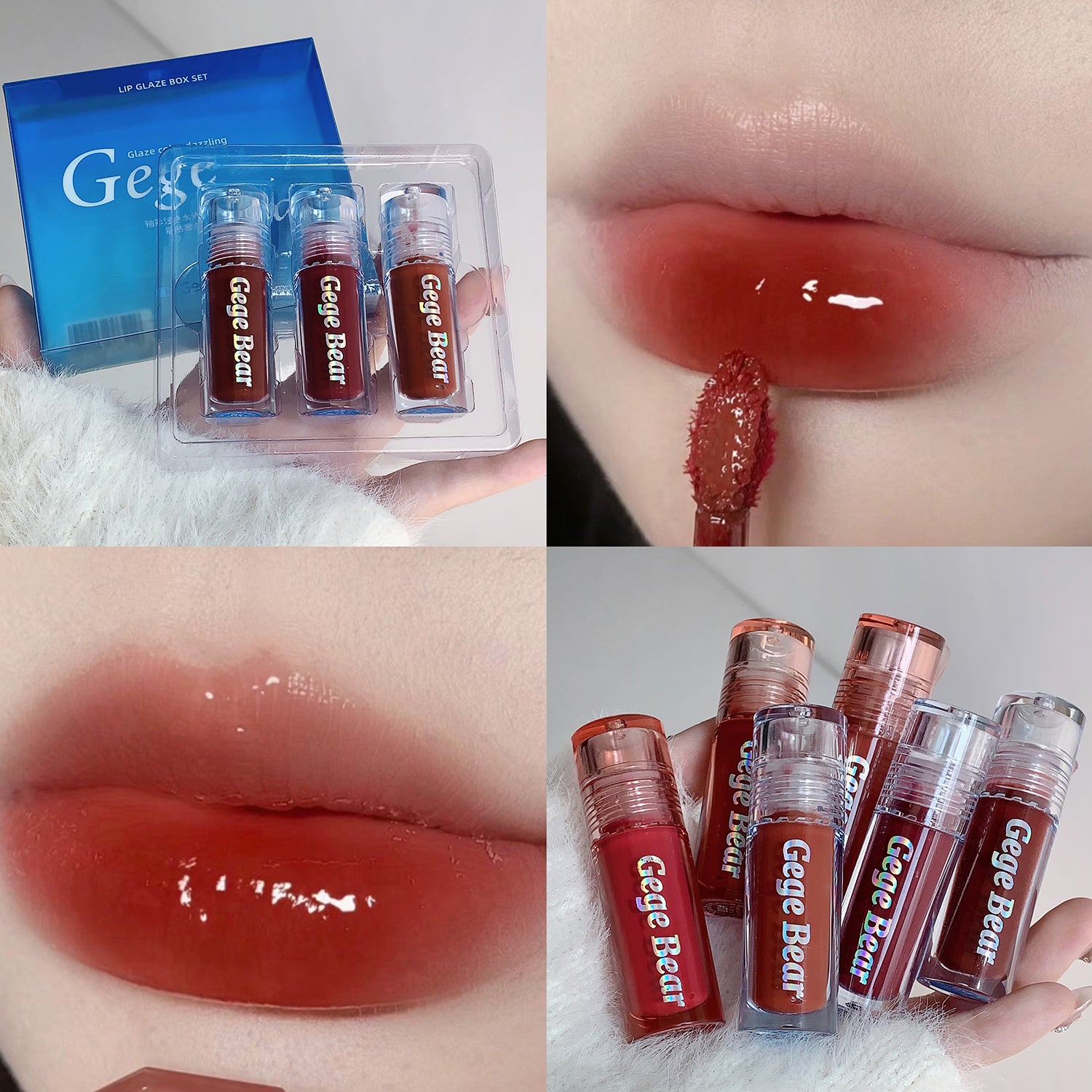 Collage of Gege Bear lip gloss products with packaging and application on lips.