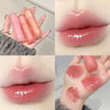 Collage of pink lip gloss on lips and skin