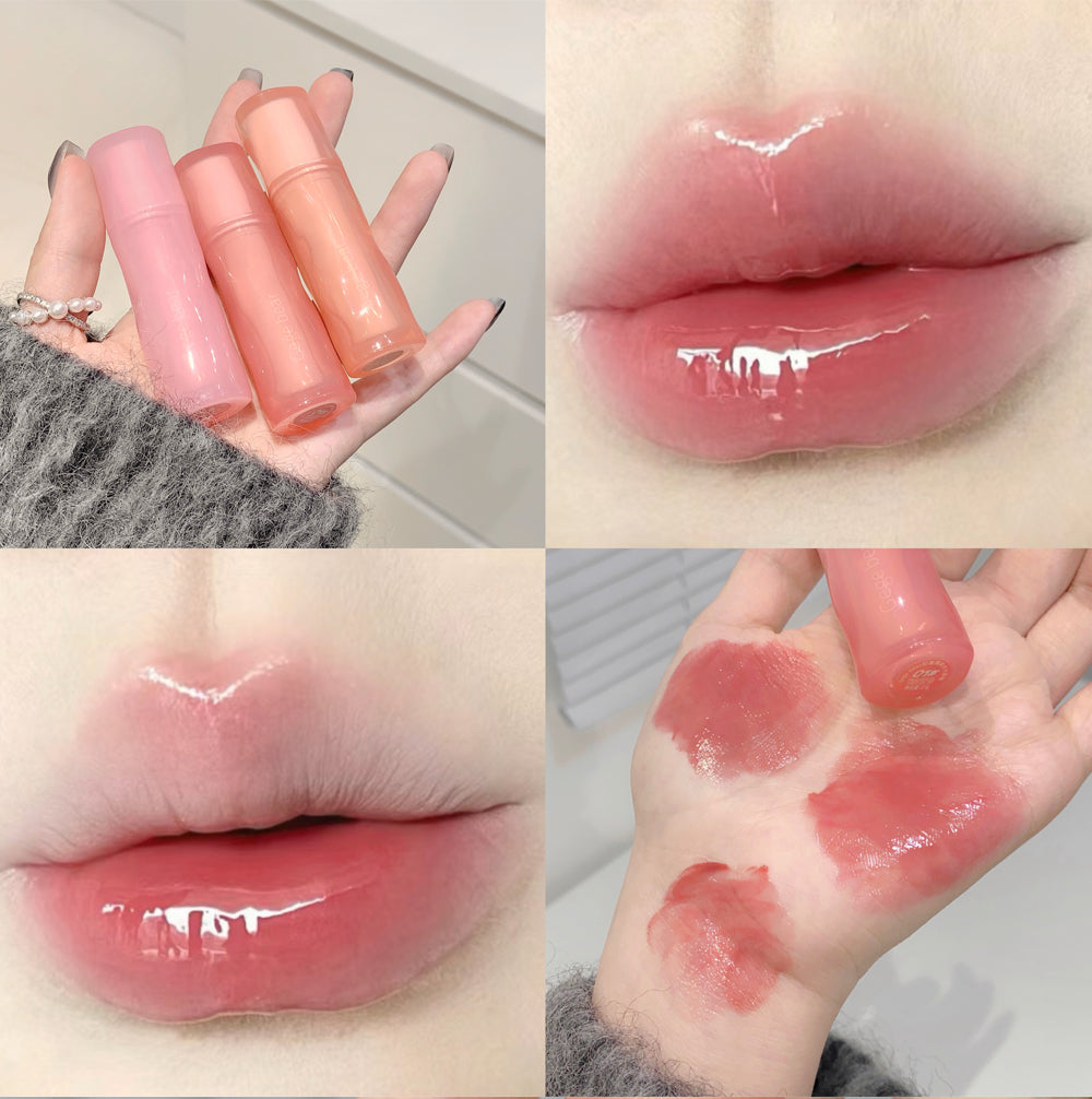 Collage of pink lip gloss on lips and skin