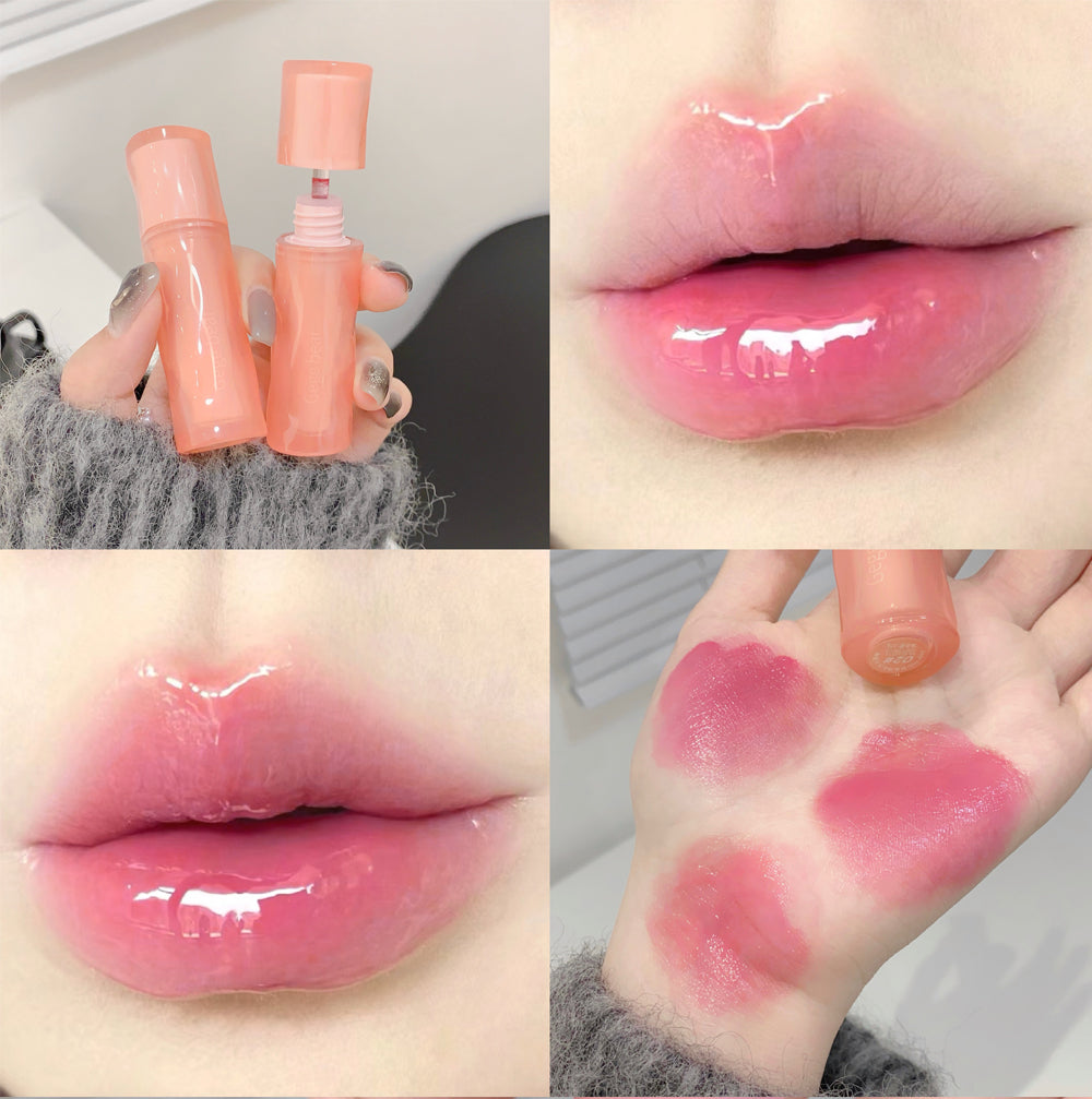 Collage of a pink lip gloss with close-ups on lips and skin.