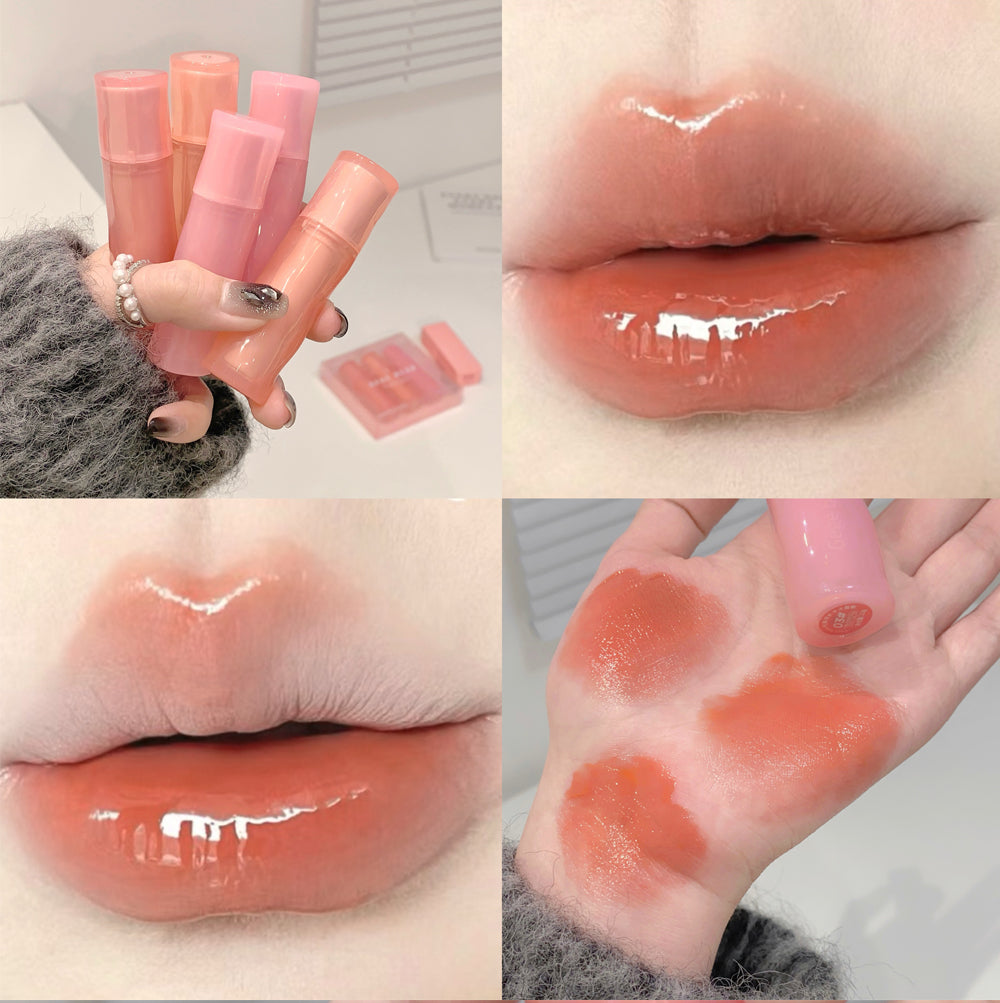 Collage of pink lip glosses, applied on lips and skin.
