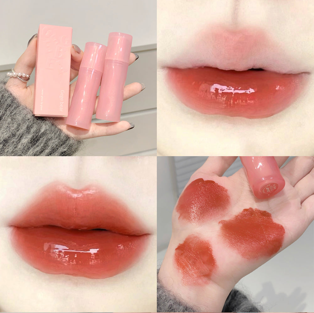 Collage of pink lip balm tubes, applied on lips and swatched on skin.